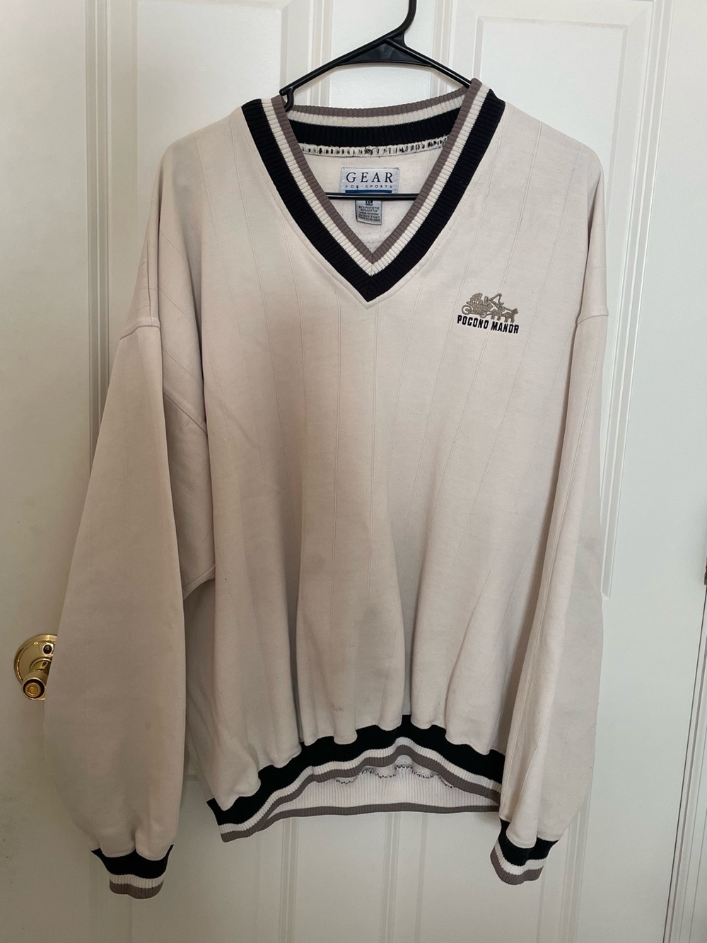 GEAR Cream V-Neck Jersey Sweater with Black & Brown Trim